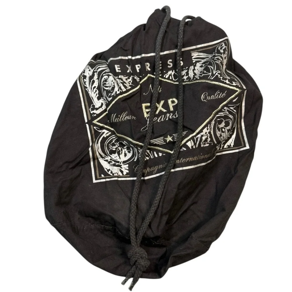 Vintage‎ Express Drawstring Duffle Bag Black Logo Cinch Sack Y2K